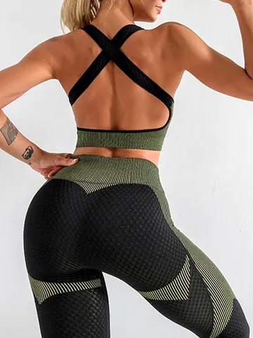 Damen Nahtlos Wabenstrick 3-Teiliges Yoga Workout Set Mit Reißverschluss Jacke Sport BH Hohe Taille Leggings Fitness Sportanzüge