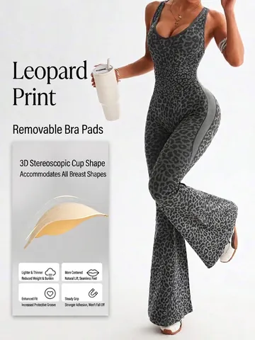 Women Leopard Print Seamless Yoga Jumpsuit Nylon Polyester Cross Back Flare Leg Unitard Workout Gym Sportswear Bodysuit