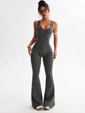Women Leopard Print Seamless Yoga Jumpsuit Nylon Polyester Cross Back Flare Leg Unitard Workout Gym Sportswear Bodysuit