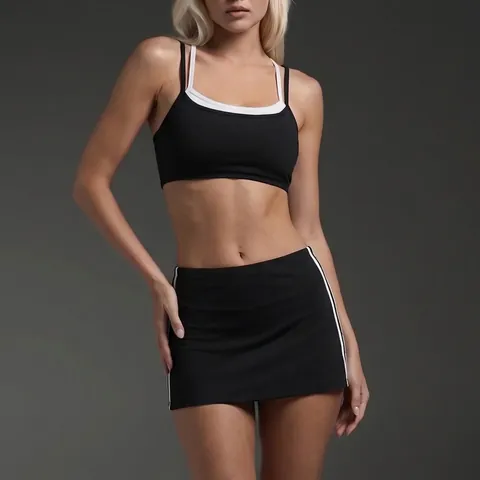 Women Yoga Sportswear Top And Bottom Set Padded Tank Top With Stripe Athletic Skirt Breathable Fitness Tennis Clothing
