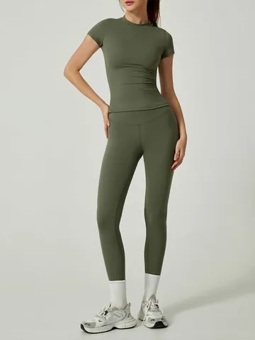Women's Yoga Set Workout Outfit Quick Dry Short Sleeve Top And High Waist Leggings Breathable Gym Sportswear Activewear Outfit