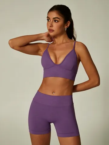 Seamless Ribbed Yoga Set Women Deep V Sports Bra High Waist Gym Shorts Workout Outfit Nylon Spandex Fitness Wear Top And Bottom