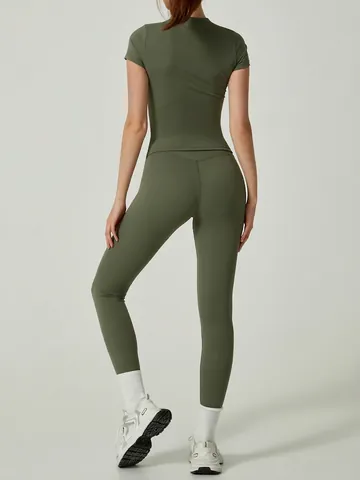 Women's Yoga Set Workout Outfit Quick Dry Short Sleeve Top And High Waist Leggings Breathable Gym Sportswear Activewear Outfit