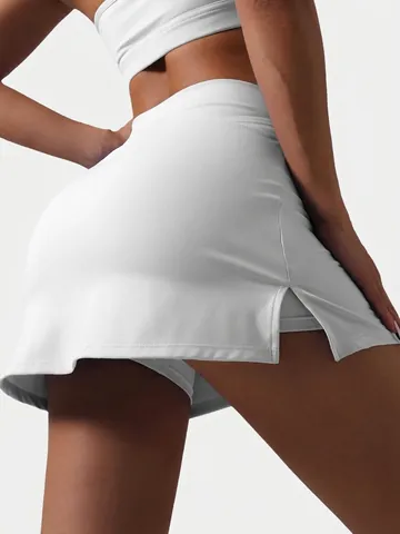 Women Nylon Spandex High Waist A-Line Tennis Skort Cross Waist Athletic Yoga Skirt Built-In Shorts Anti-Exposure Sports Skirts