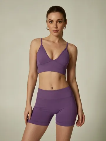 Seamless Ribbed Yoga Set Women Deep V Sports Bra High Waist Gym Shorts Workout Outfit Nylon Spandex Fitness Wear Top And Bottom