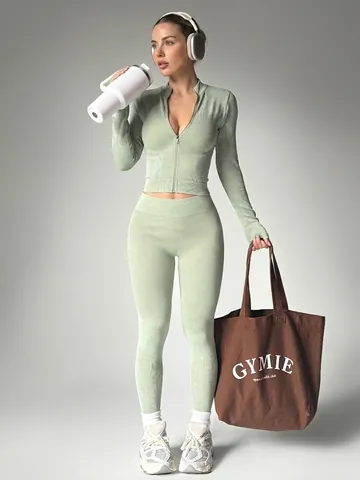Ensemble de Yoga Nervuré Sans Couture pour Femmes Haut et Bas Veste à Fermeture Éclair Manches Longues Leggings Fitness