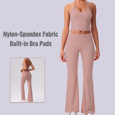 Women's Halter Neck Yoga Set High Waist Flared Pants Two Piece Naked-Feel Sportswear Suit For Fitness Yoga Running Top And Bottom