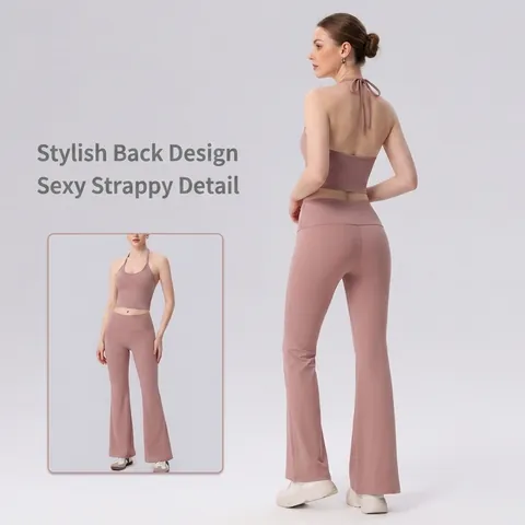 Women's Halter Neck Yoga Set High Waist Flared Pants Two Piece Naked-Feel Sportswear Suit For Fitness Yoga Running Top And Bottom