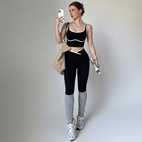 Women Contrast Piping Yoga Top And Bottom Crisscross High Waist Gym Workout Ribbed Fitness Activewear Outfit