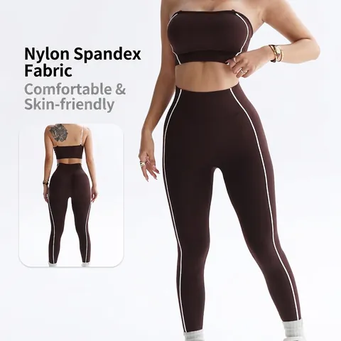 Women Seamless Yoga Set Contrast Color Strapless Tube Top And High Waist Shaping Butt Lifting Leggings Two Piece Sportswear