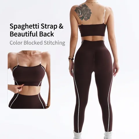 Women Seamless Yoga Set Contrast Color Strapless Tube Top And High Waist Shaping Butt Lifting Leggings Two Piece Sportswear