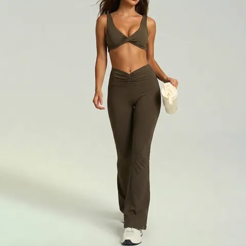 Women Yoga Set Sports Bra Flare Pants Two-Piece Gym Fitness High Waist Ruched Cross Leggings Workout Top And Bottom