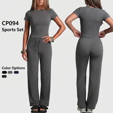 Women Casual Short Sleeve Top And Straight Leg Pants Yoga Fitness Set Slim Fit Viscose Moisture Wicking Sportswear Suit