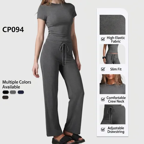 Women Casual Short Sleeve Top And Straight Leg Pants Yoga Fitness Set Slim Fit Viscose Moisture Wicking Sportswear Suit