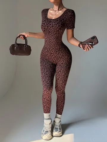Damen Leopardenmuster Kurzarm Rückenfrei Yoga Jumpsuit Schlanke Passform Sport Body Einteiler Fitness Overall Athletisch Gym Wear
