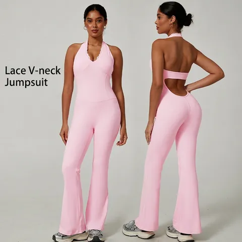 Women Halter Lace V-Neck Backless Yoga Jumpsuit Flare Leg Activewear Fitness Slimming One-Piece Bodysuit For Workout Daily