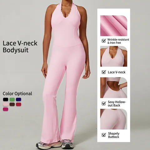 Women Halter Lace V-Neck Backless Yoga Jumpsuit Flare Leg Activewear Fitness Slimming One-Piece Bodysuit For Workout Daily