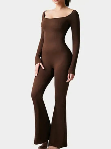 Women Ribbed Knit Jumpsuit Square Neck Long Sleeve Flared Leg Yoga Romper Shaping Hip Lift One Piece Bodysuit Sporty Workout