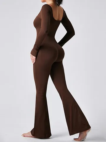 Women Ribbed Knit Jumpsuit Square Neck Long Sleeve Flared Leg Yoga Romper Shaping Hip Lift One Piece Bodysuit Sporty Workout