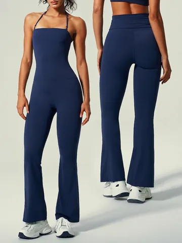 Women Yoga Jumpsuit Flared Leg Halter Camisole Slim Fitness Bodysuit Cinching Waist Hip Lifting Seamless Sport Romper
