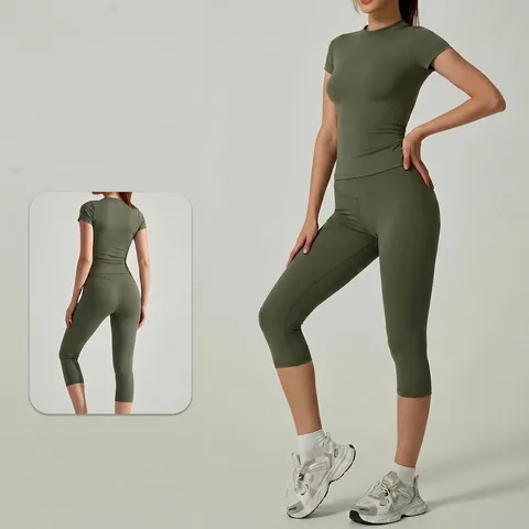 Women's Quick-Dry Yoga Set High Waist Hip Lift Sports Short Sleeve Top And 7-Point Pants Fitness Gym Workout Outfits