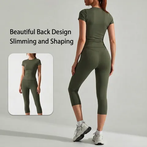 Women's Quick-Dry Yoga Set High Waist Hip Lift Sports Short Sleeve Top And 7-Point Pants Fitness Gym Workout Outfits