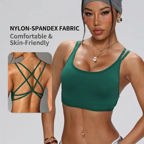 Women Seamless Sports Bra Quick Dry Yoga Top Crisscross Back Padded Running Fitness Gym Activewear Double Thin Strap Top