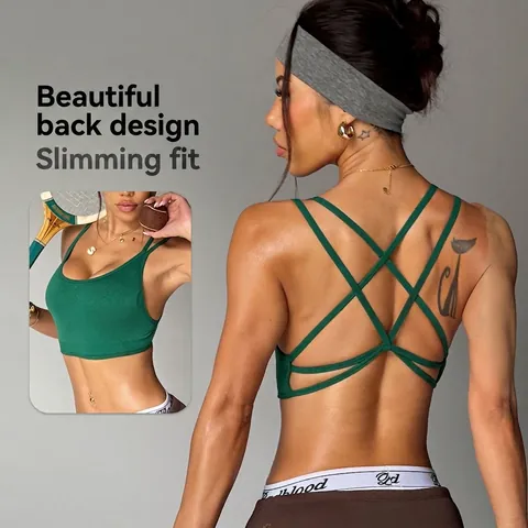 Women Seamless Sports Bra Quick Dry Yoga Top Crisscross Back Padded Running Fitness Gym Activewear Double Thin Strap Top