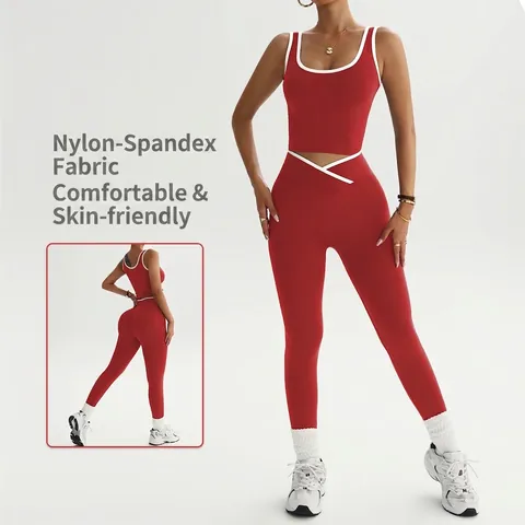 Women Seamless Yoga Workout Outfits Contrast Trim Sports Bra High Waist Peach Lift Leggings Top And Bottom Activewear