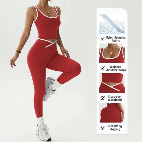 Women Seamless Yoga Workout Outfits Contrast Trim Sports Bra High Waist Peach Lift Leggings Top And Bottom Activewear