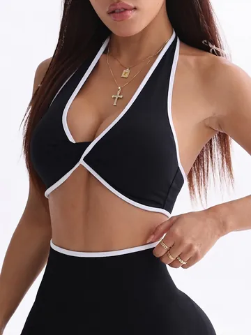 Women Halter Twist Knot Yoga Tank Top Padded Sports Bra Contrast Piping Slim Fit Fitness Gym Sleeveless Activewear Top