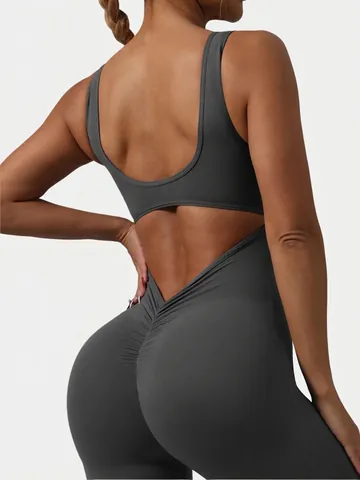 Women's High Waist Butt Lifting Tight Yoga Jumpsuit Flared Leg Activewear Backless Fitness One Piece Bodysuit Athletic Romper