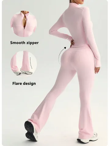 Women Yoga Set Top And Bottom Slim Fit Long Sleeve Full Zip Jacket High Waist Flare Leg Pants Sports Workout Tracksuit