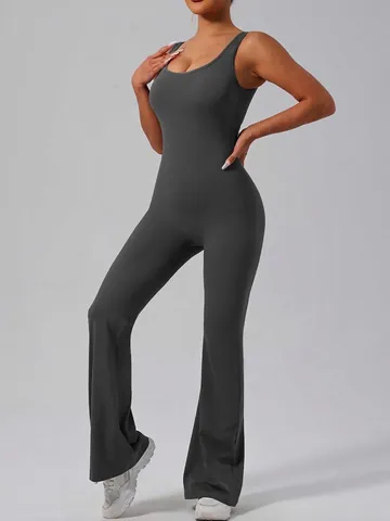 Women's High Waist Butt Lifting Tight Yoga Jumpsuit Flared Leg Activewear Backless Fitness One Piece Bodysuit Athletic Romper