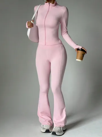 Women Yoga Set Top And Bottom Slim Fit Long Sleeve Full Zip Jacket High Waist Flare Leg Pants Sports Workout Tracksuit