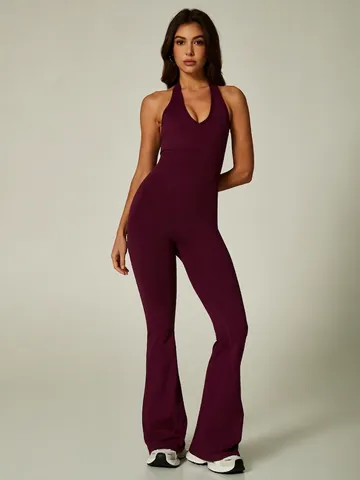 Seamless Halter Neck Backless Flared Yoga Jumpsuit Women Flared One Piece Rompers Workout Gym Activewear Bodysuits