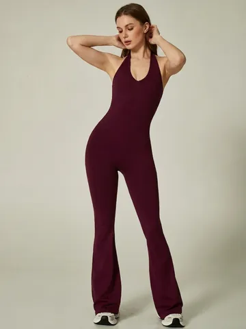 Seamless Halter Neck Backless Flared Yoga Jumpsuit Women Flared One Piece Rompers Workout Gym Activewear Bodysuits