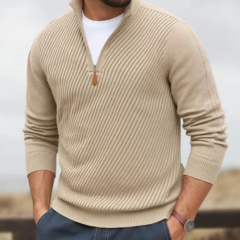 Heren Casual Acryl Gebreide Trui Half-Zip Hoge Hals Pullover Keperpatroon Staande Kraag Winter Lange Mouw Top