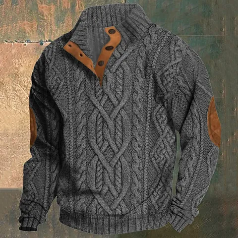 Men's Long Sleeve Cable Knit Sweater Vintage Lapel Button Up Top With Elbow Patches Casual Winter Knitwear Acrylic