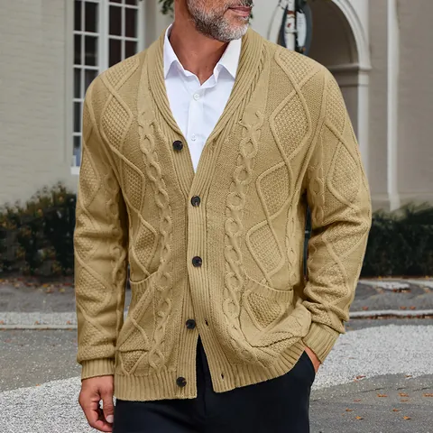 Men's Cable Knit Shawl Collar Cardigan Sweater Long Sleeve Button Open Front Knitwear With Pockets Acrylic Winter Warm Top