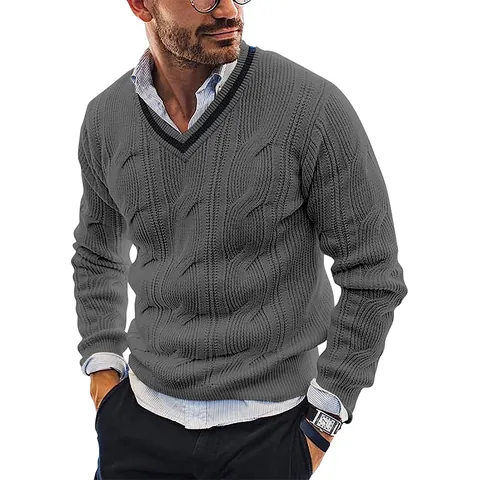 Pull Homme Col en V en Tricot Torsadé Coupe Cintrée Manches Longues Acrylique Décontracté Business Chaud Automne Hiver