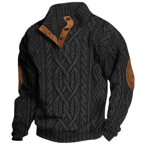 Men's Long Sleeve Cable Knit Sweater Vintage Lapel Button Up Top With Elbow Patches Casual Winter Knitwear Acrylic