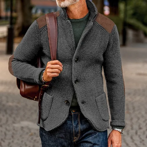 Men Retro Waffle Knit Jacket Contrast PU Leather Patchwork Lapel Cardigan Button Down Outdoor Winter Sweater Top Plus Size