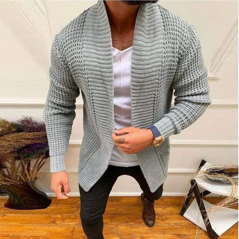 Western Style Men Open Front Knit Cardigan Sweater Waffle Texture Acrylic Long Sleeve Solid Color Outerwear For Youth Casual Men
