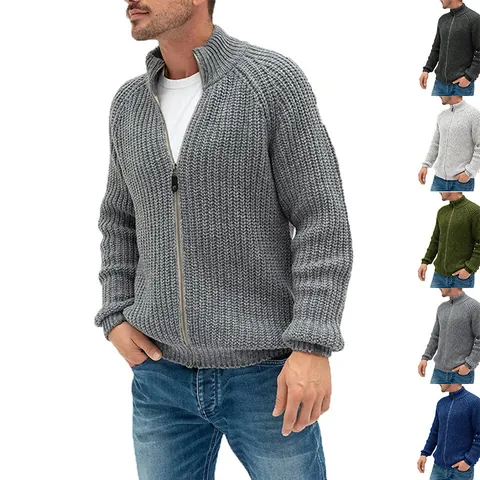 Men's Solid Color Knit Cardigan Sweater High Neck Full Zip Long Sleeve Slim Fit Ribbed Hem Autumn Winter Outerwear Jacket