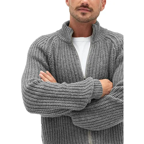Men's Solid Color Knit Cardigan Sweater High Neck Full Zip Long Sleeve Slim Fit Ribbed Hem Autumn Winter Outerwear Jacket