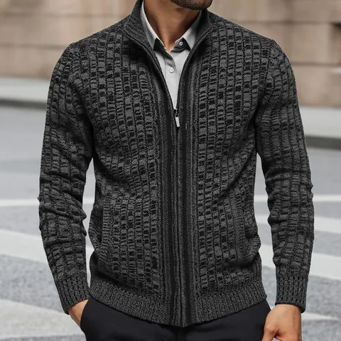 Men's British Style Color Block Knit Jacket Stand Collar Full Zip Cardigan Sweater Regular Fit Casual Long Sleeve Outerwear