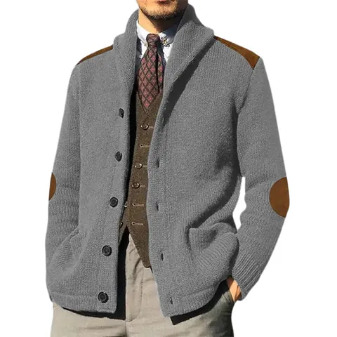 Men's Vintage Shawl Collar Knit Cardigan Sweaters With PU Leather Patchwork Long Sleeve Button Up Casual Jacket Top Plus Size