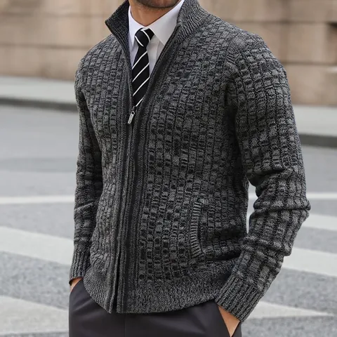 Men's British Style Color Block Knit Jacket Stand Collar Full Zip Cardigan Sweater Regular Fit Casual Long Sleeve Outerwear