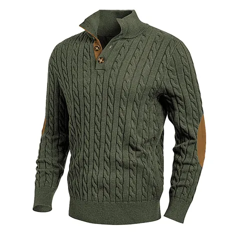 Herren Slim Fit Zopfmuster Strickjacke Knopf Stehkragen Langarm Top Mit Wildleder Ellbogen-Patches Winter Warm Acryl Pullover